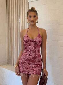 Lumalex Vestido con cuello de halter, cintura con lazo y dobladillo con flecos con detalles bordados y lentejuelas para mujer - Rosa - Ver 5