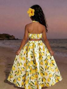 Tween Girl Lemon Print Side Slit Halter Vacation Dress - Yellow - View 3