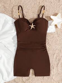 SHEIN 春/夏休閒海灘度假無肩帶抹胸式抓皺咖啡棕波點印花 1 件式泳衣，咖啡色底色配黃色波點與金屬海星裝飾，適合青少年女孩 - 咖啡棕 - 查看 3