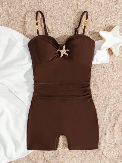 SHEIN Girls' Casual Beach Vacation Strapless Ruched Coffee Color Polka Dot Print One-Piece Swimsuit,Base With Yellow Dots And Metal Starfish Decor
