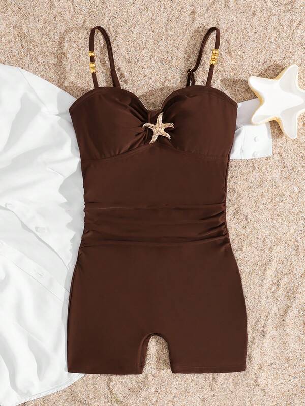 SHEIN Girls' Casual Beach Vacation Strapless Ruched Coffee Color Polka Dot Print One-Piece Swimsuit,Base With Yellow Dots And Metal Starfish Decor