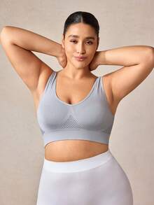 Veilyse 1pc Plus Size Women Breathable Mesh Hollow Out Wirefree Bra, Comfortable Lingerie - Grey - View 1