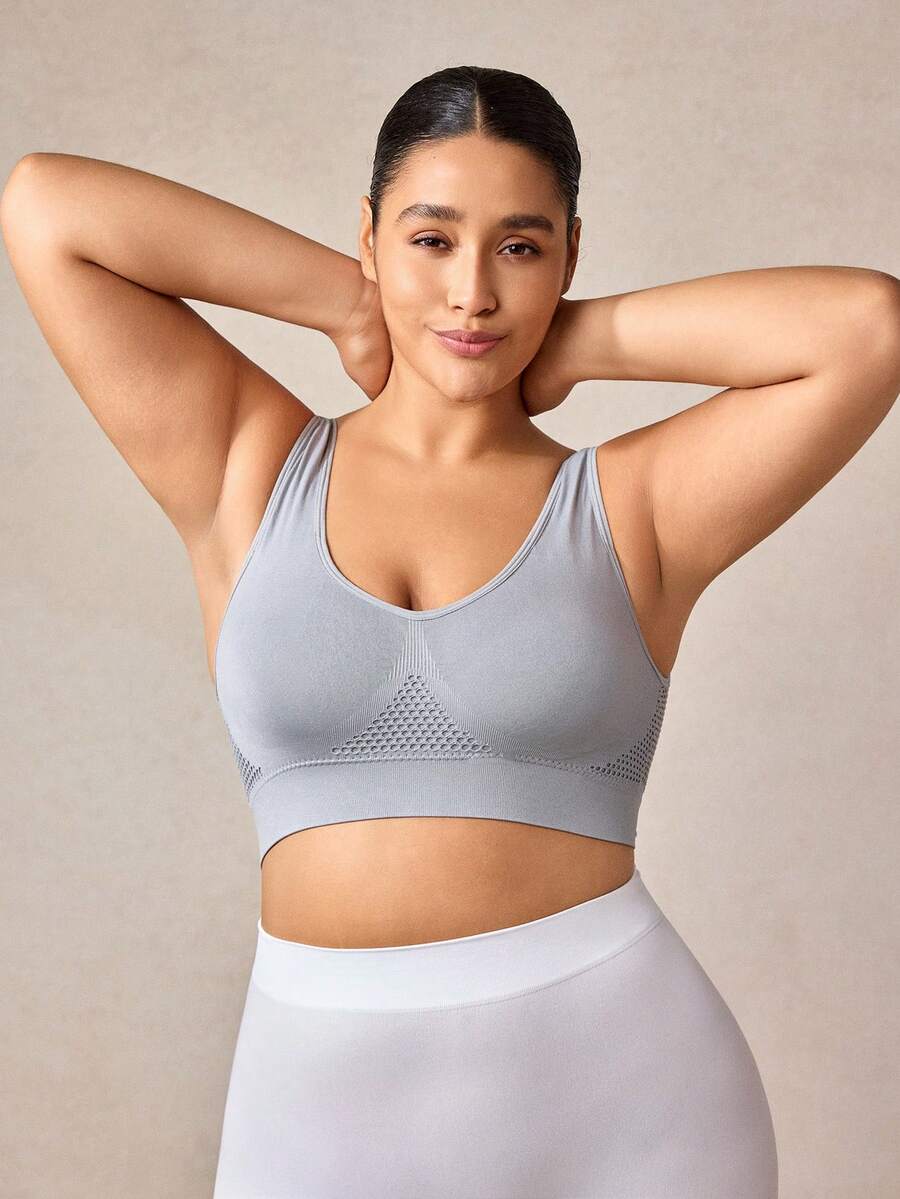 Veilyse 1pc Plus Size Women Breathable Mesh Hollow Out Wirefree Bra, Comfortable Lingerie - Grey - View 1