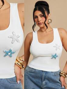 SHEIN BAE Plus Size Women's Summer White Silky Vacation Holiday Cami Top,Crystal Starfish Decor Square Neck Fitted Camisole, Y2K Mesh Metallic Tank Tops - White - View 1