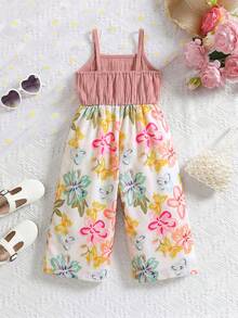 SHEIN Bộ áo liền quần không tay in hoa dễ thương cho bé gái, thích hợp cho mùa hè. - Hồng - Xem 2