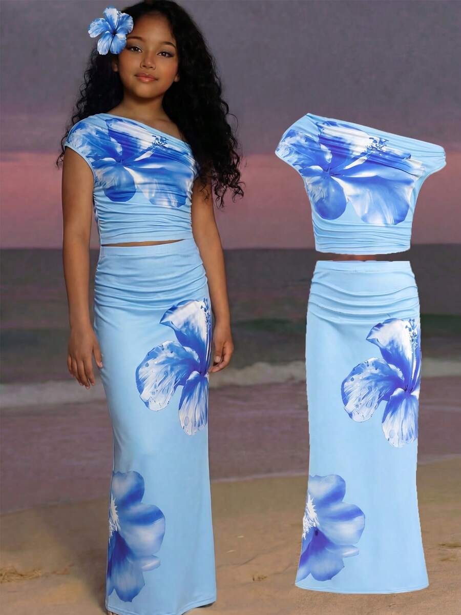 SHEIN Tween Girl Light Blue Tropical Floral Pattern Ruched Fitted Skirt 2 Pieces Set,Summer Vacation Holiday Outfit,Casual Asymmetric Co Ord Set,2pcs - Blue - View 1