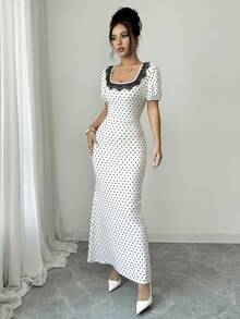 SHEIN Clasi Elegantes langes Damenkleid mit Puffärmeln, kontrastierender Spitze und Polka-Dot-Muster - Verschiedenfarbig - Übersicht 8