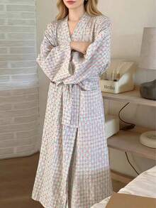 女士格子长袖睡袍，心形印花，优雅宽松家居服睡衣，柔软舒适休闲家居服，适合春秋季穿着，可爱返校睡衣，中长款 - 彩色 - 查看 8