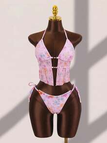 Swim Mod 女款甜美花卉毛球飾邊珍珠裝飾細肩帶露背性感輕盈比基尼背心套裝，適合海灘派對度假，粉色夏季 - 粉色 - 查看 3