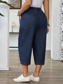 SHEIN CURVE+ Plus Size Summer Casual Business Casual Drawstring Waist Slant Pocket Denim Jeans Dates Date Night Navy Blue - Dark Wash - View 6
