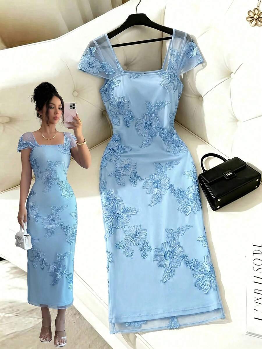 Elenzga Đầm midi nữ thanh lịch, lãng mạn, thêu ren, xếp ly, thích hợp cho mùa cưới, tiệc tùng, hẹn hò, dạo phố thường ngày (Thêu ngẫu nhiên) - Màu xanh lam - Xem 1