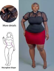 CurvyTilda Damen Große Größen Sommer Mesh Kontrast Schleifen-Kragen Puffärmel T-Shirt - Schwarz - Übersicht 1