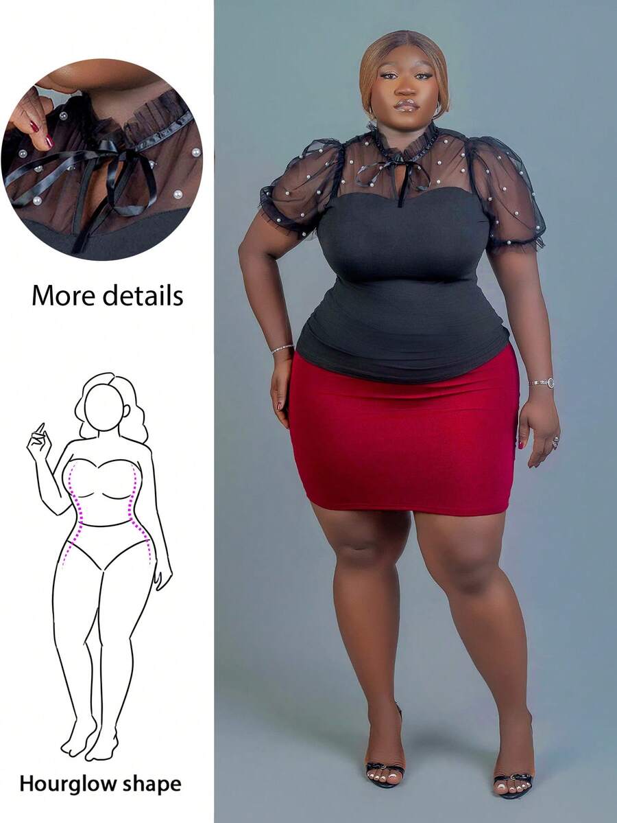 CurvyTilda Damen Große Größen Sommer Mesh Kontrast Schleifen-Kragen Puffärmel T-Shirt - Schwarz - Übersicht 1