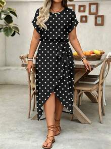 EMERY ROSE Plus Size Women Casual Polka Dot Print Slit Hem Round Neck Dress - Multicolor - View 1
