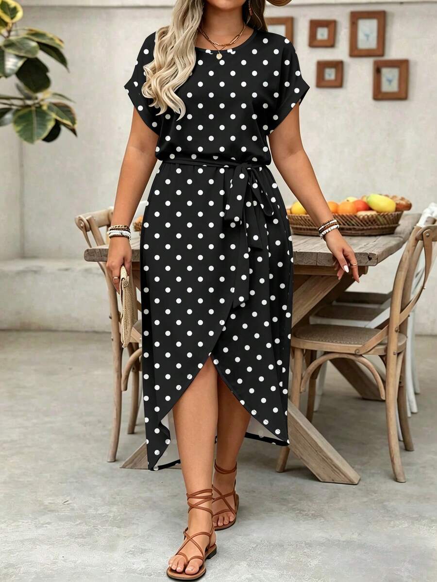 EMERY ROSE Plus Size Women Casual Polka Dot Print Slit Hem Round Neck Dress - Multicolor - View 1
