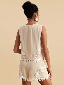 Travachic Women's Vacation Outfits Water-Soluble Lace Patchwork Front Button Camisole And Shorts 2 Pieces Set Holiday Country Clothing Beach Beige Summer Boho - Apricot - View 2
