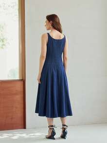 MOTF PREMIUM WOMEN'S A-LINE MID-LENGTH DENIM DRESS WITH LOW CENTER OF GRAVITY DESIGN, SPRING/SUMMER - Blue - View 3