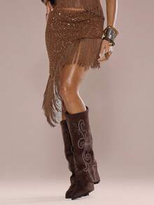MUSERA Textured Fringe Detail Asymmetric Sequin Skirt Only Summer Holiday Vacation Beach Ibiza Cute Festival Elegant Cherry Moon - Brown - View 2