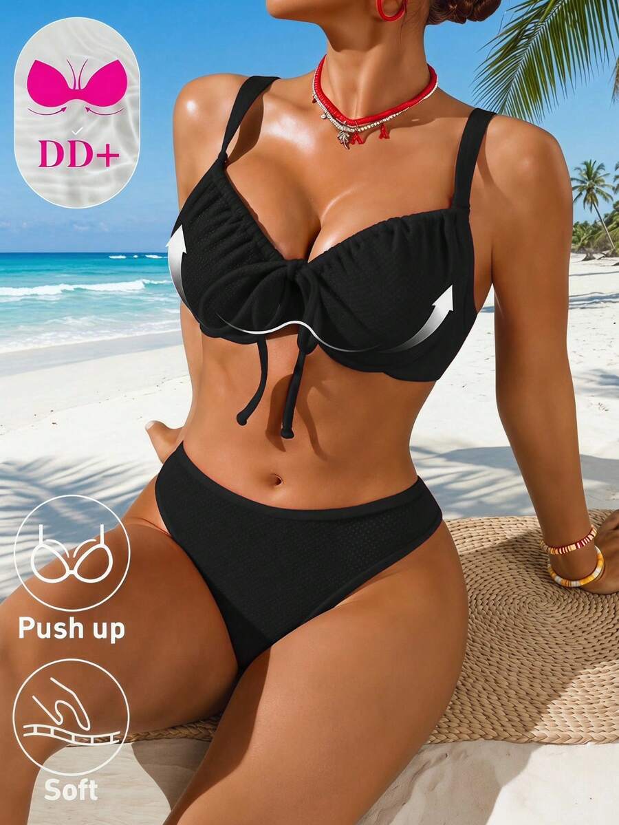 Swim DD+ Women's Solid Color Minimalist Daily Wear Push-Up Swimwear Set - Black - View 1
