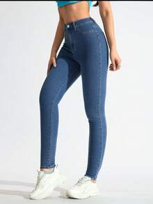 SHEIN Tall Women's Fashion Versatile Pocket Button Skinny Jeans, Slim Fit - Medium Wash - View 5
