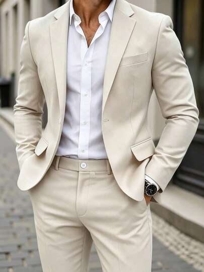 Manfinity Mode Men's Business Casual Single-Breasted Suit Jacket And Pants Set, Featuring A Notched Lapel Design For Added Style And Layering, Suitable For Daily Commute, Business, Parties And Banquets. This Suit Set Is An Indispensable Versatile Item In A Man's Wardrobe, Making It An Excellent Gift For Boyfriends Or Husbands.