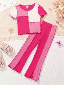 SHEIN Cô gái Điền kinh Phong cách đường phố Dệt kim Tương phản Màu sắc Vòng cổ Ngắn tay Áo thun & Quần ống loe Bộ - Màu Hồng Tươi - Xem 7