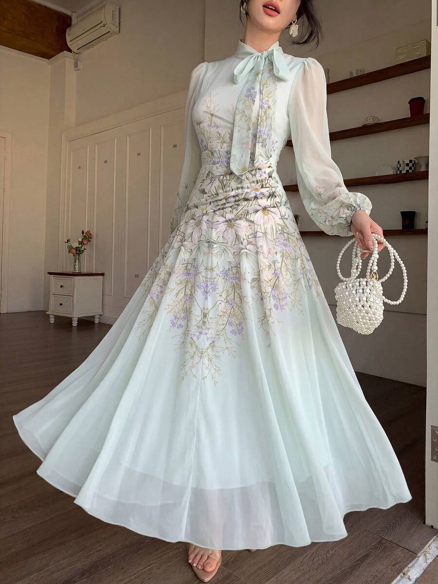 Modelyn 女士系带腰部褶皱印花长袖连衣裙 - 淡綠 - 查看 1