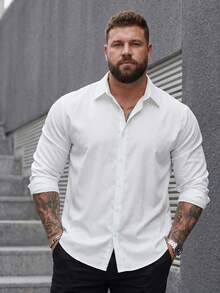 DRIVNCORE Plus Size Men's Casual Simple Fashion Shirt, Daily Wear, Fall, Long Sleeve Top - White - View 3