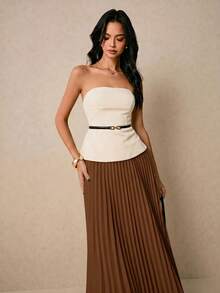 Poéselle Women's Solid Color Bandeau Top And Pleated Mini Skirt Elegant 2-Piece Set - Multicolor - View 3
