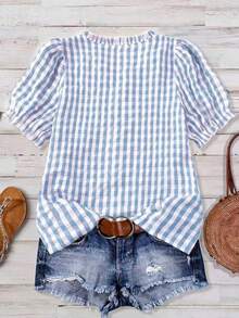 Linhara Plaid Ruffle V-Neck Blouse For Women, Puff Sleeve Casual Top, Plus Size Summer New Arrival - Blue and White - View 2
