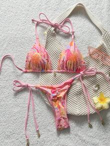 Swim Vcay 女款夏季海灘太陽印花掛脖綁帶比基尼與三角泳褲泳衣套裝 - 彩色 - 查看 6