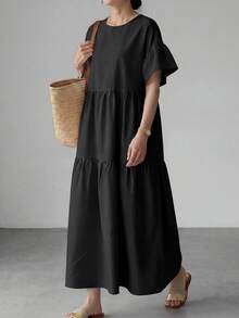 EMERY ROSE Women's Solid Color Round Neck Ruffle Hem Long Sleeve Dress Vacation Black Summer Casual - Black - View 7