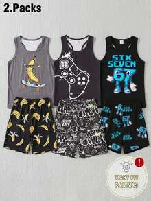 Bộ 2 món đồ mùa hè mới về dành cho bé trai: Áo tank top cổ tròn ôm sát in hình quả chuối và quần short ôm sát in họa tiết toàn thân. - màu đen - Xem 1