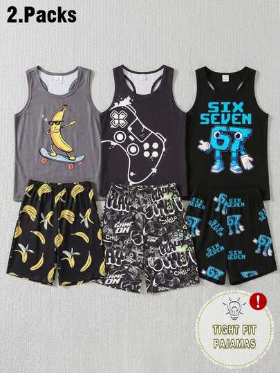 2pcs/Set Boys' Summer New Arrival Banana Print Snug Fit Round Neck Tank Top & Allover Print Snug Fit Shorts