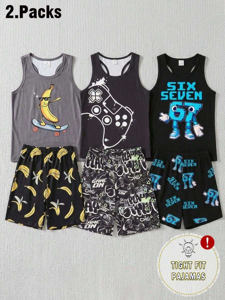 Bộ 2 món đồ mùa hè mới về dành cho bé trai: Áo tank top cổ tròn ôm sát in hình quả chuối và quần short ôm sát in họa tiết toàn thân. - màu đen - Xem 1