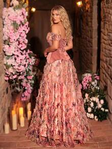Glamrae Plus Size Dusty Pink Summer Elegant Formal Wedding Mesh Floral Print Patchwork Satin Asymmetric Maxi Dress,High Slit Gala Red Carpet Gown - Multicolor - View 4