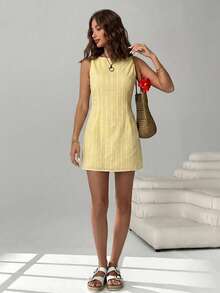 SHEIN EZwear 女士时尚百搭条纹露背性感连衣裙 - 鵝黃色 - 查看 6