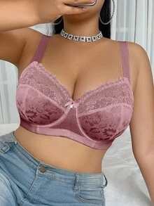 DesireSculpt 1pc Plus Size Lace Patchwork Underwire Bra - Coffee Brown - View 6