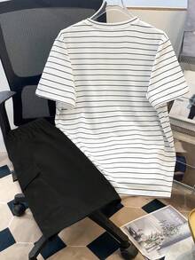 SHEIN 男童休闲短袖上衣短裤套装（两件套），街头风、朋克摇滚风、学院风，适合春夏、派对、音乐节等场合，英文涂鸦印花和撞色设计 - 黑色 - 查看 2