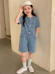 DAZY 女童秋季短袖牛仔連身褲 夏季 - 中等水洗藍 - 查看 6