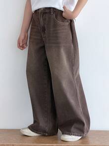 DAZY Celana Jeans Denim Panjang Model Lurus Bergaya Vintage untuk Anak Laki-Laki Bertubuh Besar - Coklat - View 1