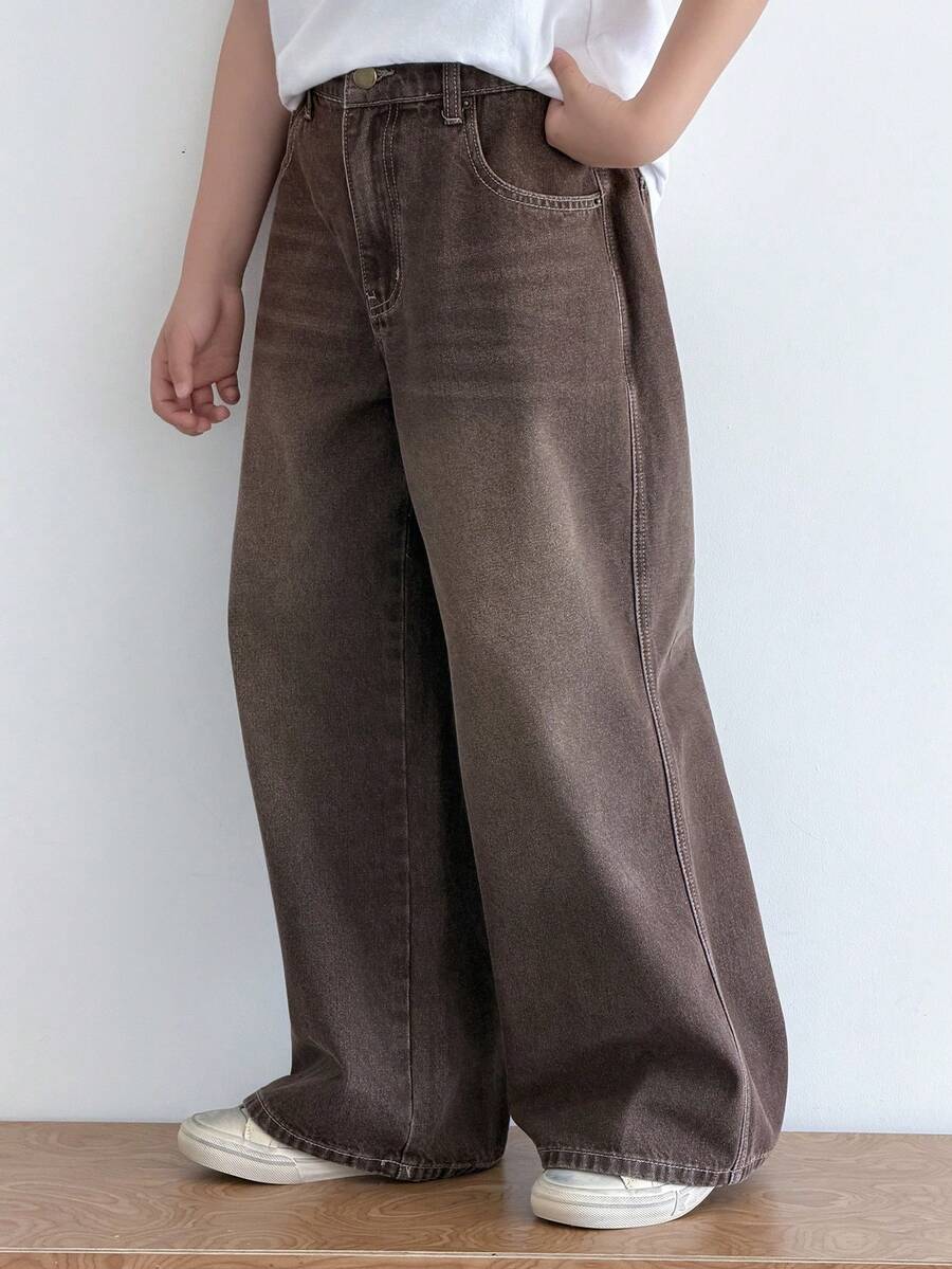 DAZY Celana Jeans Denim Panjang Model Lurus Bergaya Vintage untuk Anak Laki-Laki Bertubuh Besar - Coklat - View 1