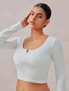 Veilyse 2PCS Women's Solid Color U-Neck Button Front Long Sleeve Crop Top & High Waist Shorts Lounge Set - White - View 6