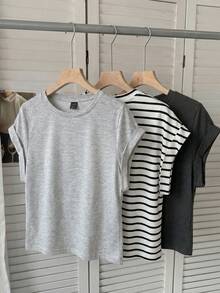SHEIN LUNE 3件組女款休閒圓領落肩短袖T恤，適合春夏季 - 彩色 - 查看 5