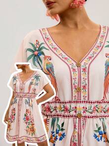 de vacaciones con estampado de plantas tropicales y loros para mujer de talla, suelto de manga corta y cuello en V - Multicolor 2 - Ver 9
