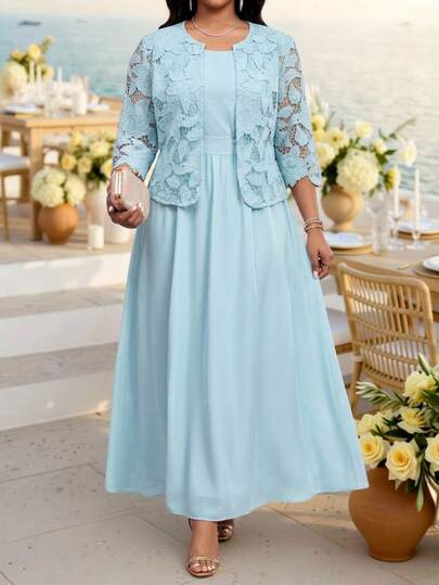 Fleurora Bộ đồ 2 món thanh lịch dành cho nữ cỡ lớn: áo khoác cardigan tay lửng 3/4 bằng ren.