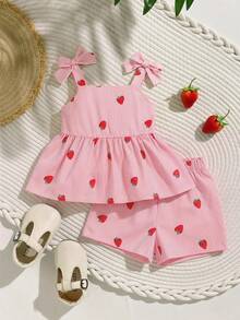 SHEIN Vintaside Kids 2件套女婴幼儿/新生儿0-3岁休闲可爱条纹蝴蝶结装饰吊带背心+短裤套装，时尚简约百搭户外夏季度假女婴装 - 粉色 - 查看 2