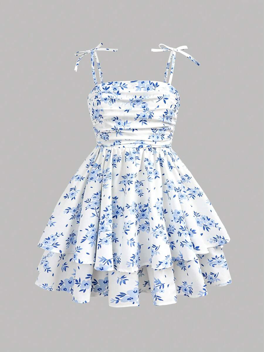 SHEIN Girlism 少女碎花叠层连衣裙,休闲百搭,配有搭扣,法式仙女风,适合日常通勤、优雅派对、约会、家庭聚会、毕业典礼、度假等场合。 - 淺藍色 - 查看 1