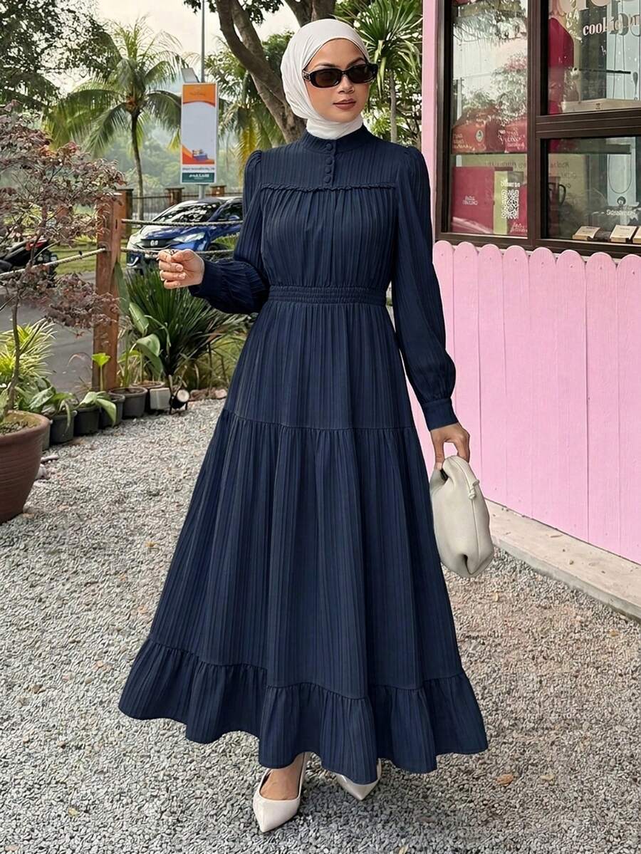 DAZY 春夏休閒度假風女款藍色長洋裝陽光裙 - 藏蓝色 - 查看 1