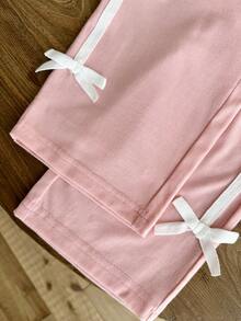 SHEIN 2件組女嬰幼兒0-3歲休閒百搭街頭風黑色T恤與長褲套裝 - 粉色 - 查看 3